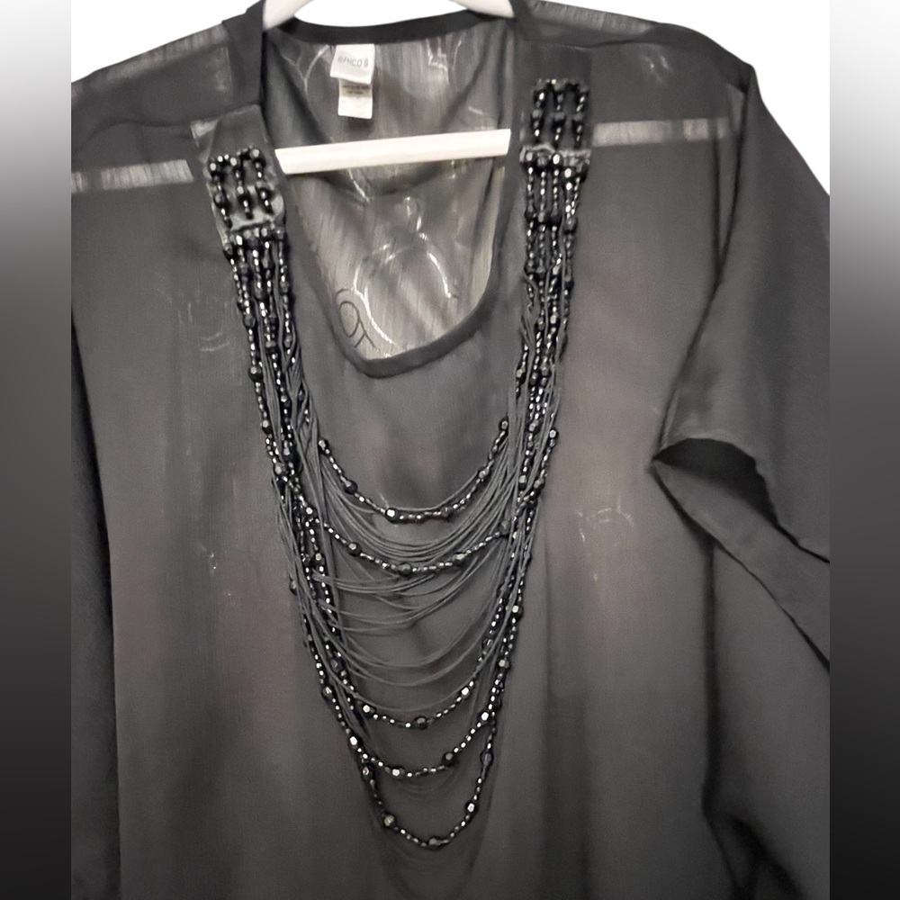 Chico’s M/L black beaded semi sheer cover up with armholes beaded neckline NWOT - Picture 8 of 10